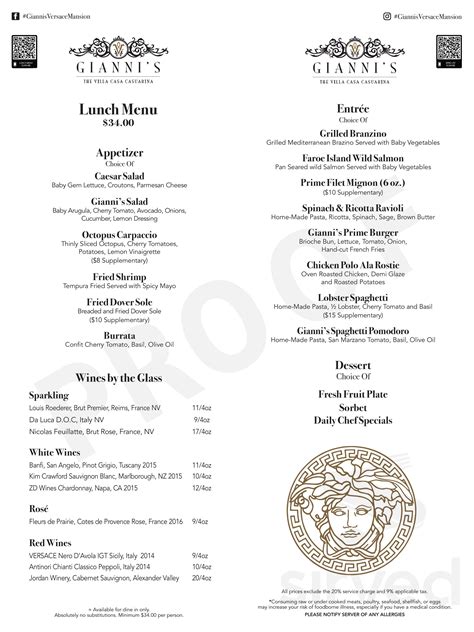 gianni's at the versace mansion|Versace mansion menu.